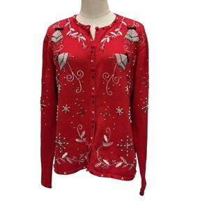 Designer Originals Studio Vintage Embroidered Beaded Christmas Cardigan Red Sz L